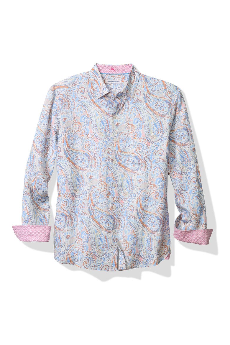Playa Blanca Paisley Linen Button-Up Shirt, Main, color, DEW DROP