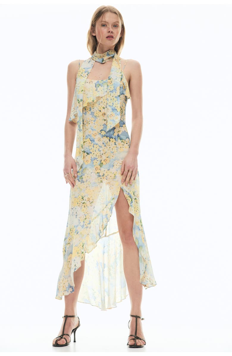 H&M Flounced Chiffon Dress With Scarf, Alternate, color, Light Yellow/Floral