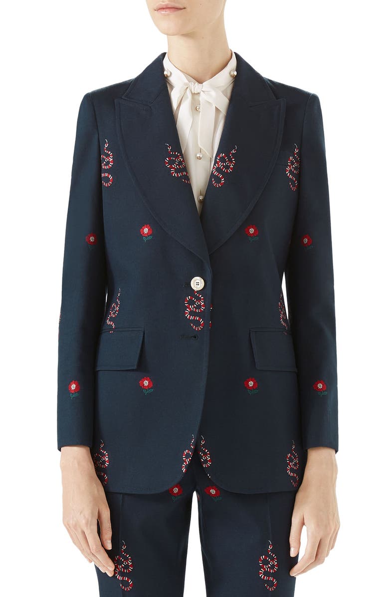 Gucci Snake Embroidered Cotton Blazer, Main, color,