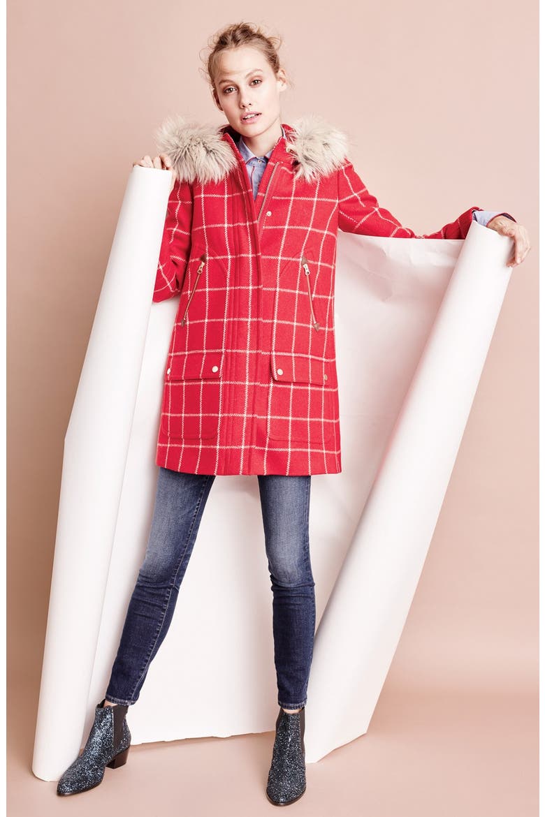 J.Crew Windowpane Check Chateau Parka, Alternate, color, BRIGHT RED NATURAL