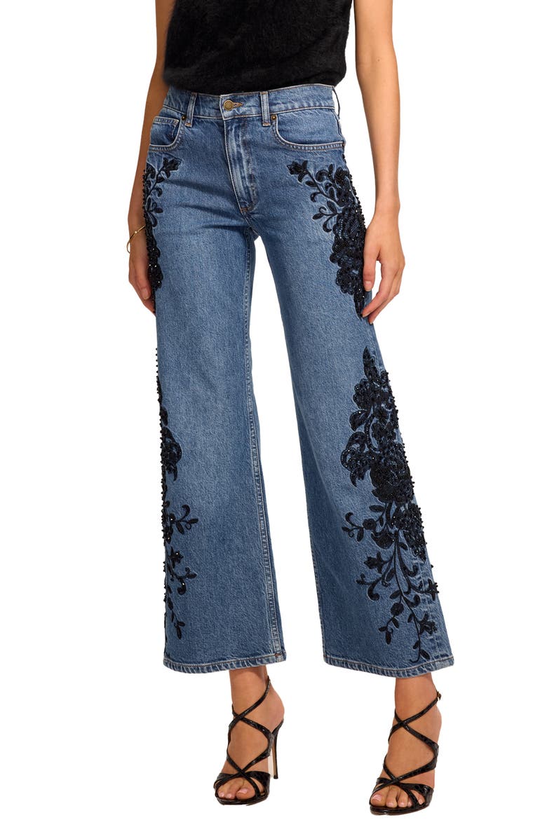 Lea Beaded Cropped Straight Leg Jeans, Main, color, MID CERULEAN