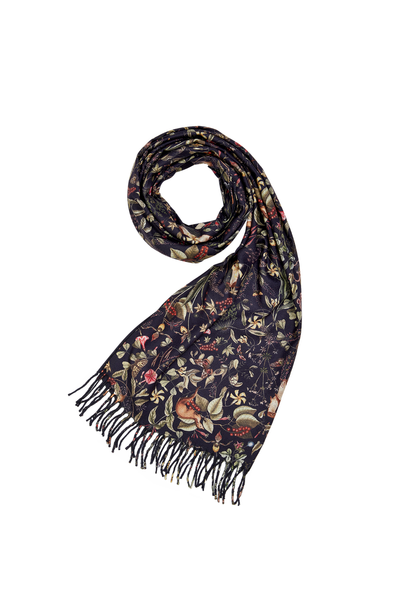 Fable England Wolf Garden Navy Scarf with Tassels, Main, color, Navy