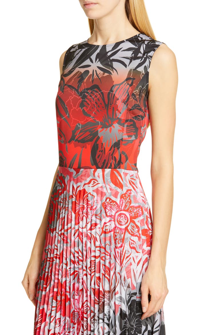 Dégradé Floral Pleated Midi Dress, Alternate, color, RUBINO