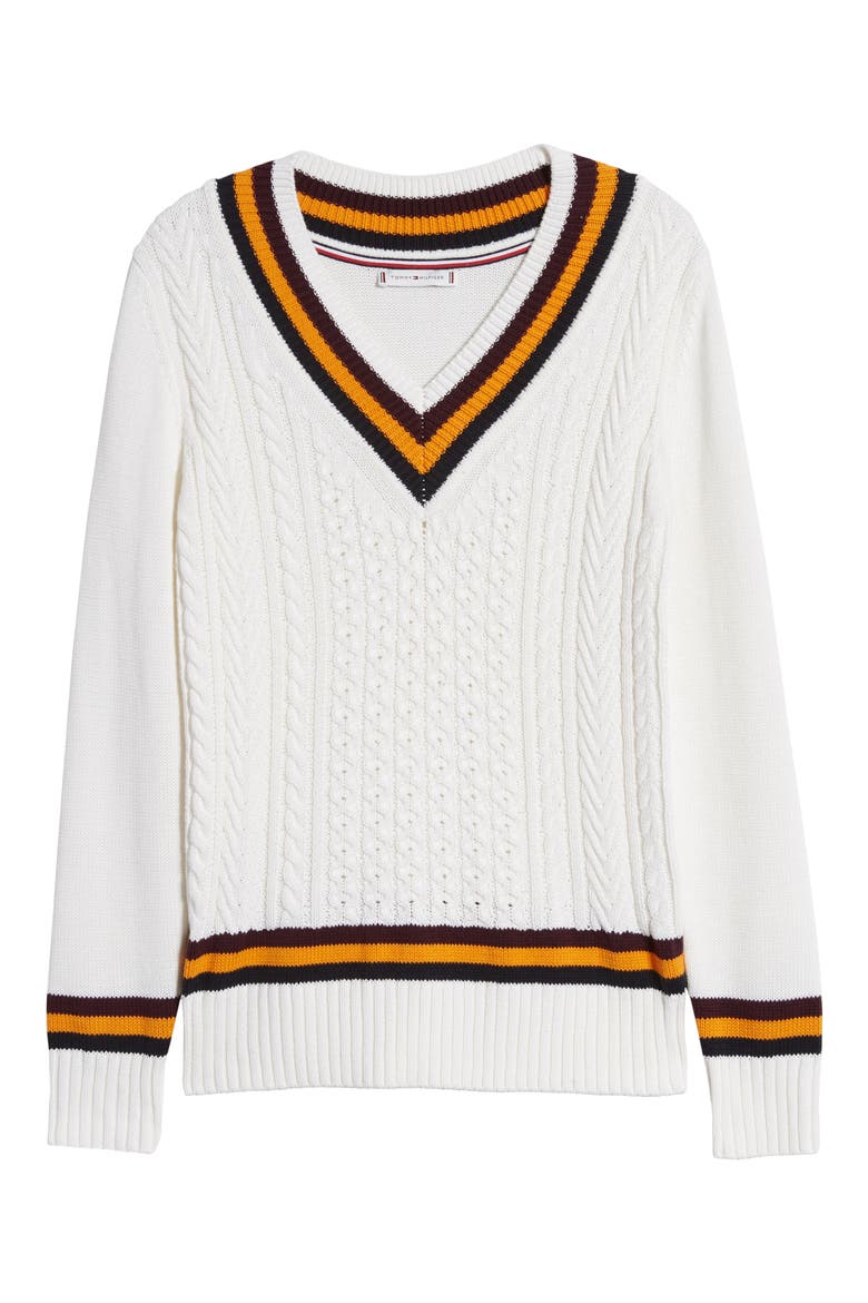 Tipped V-Neck Varsity Sweater, Alternate, color, IVORY MULTI
