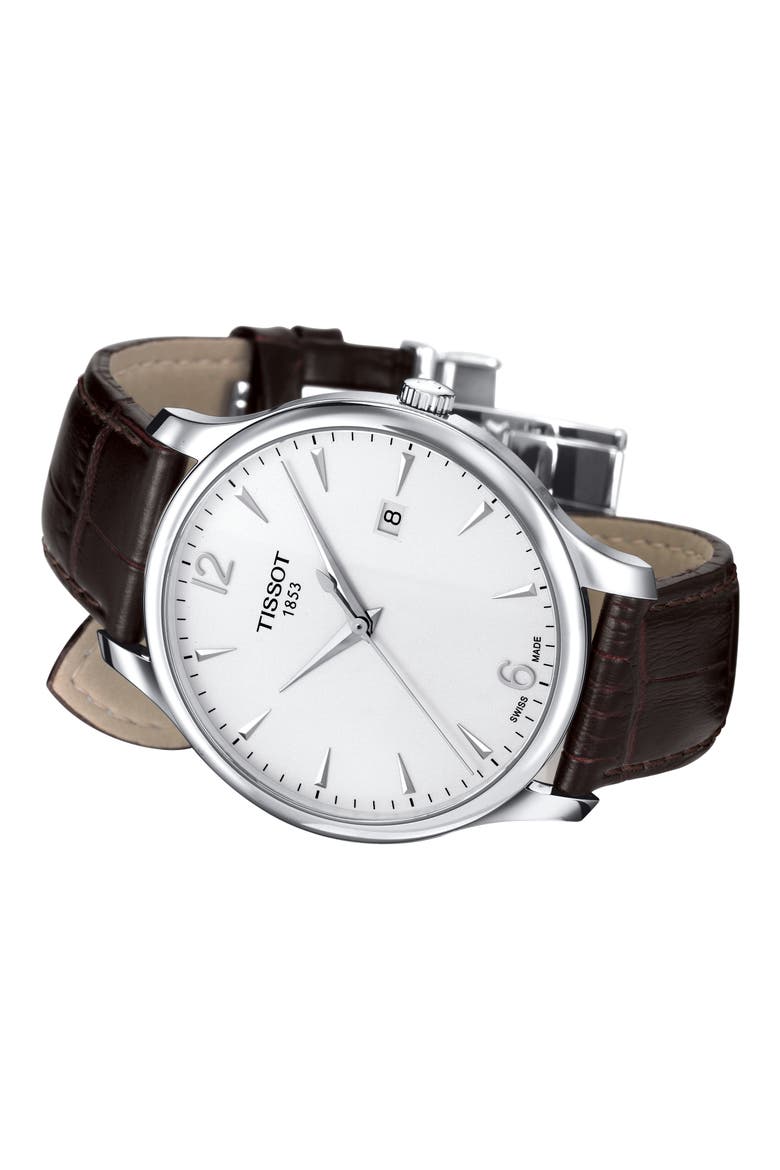 Tradition Leather Strap Watch, 42mm, Alternate, color, BROWN/ SILVER