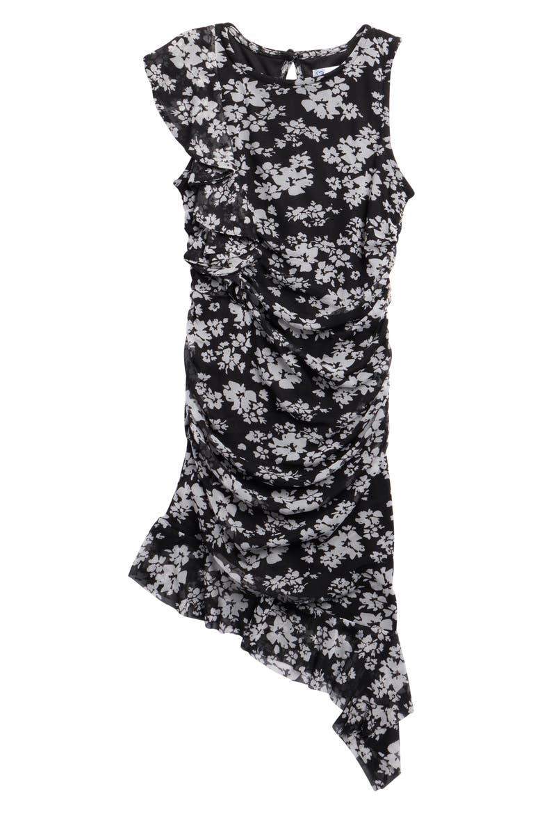 Kids' Asymmetric Ruffle Stretch Mesh Party Dress, Main, color, BLACK/ IVORY