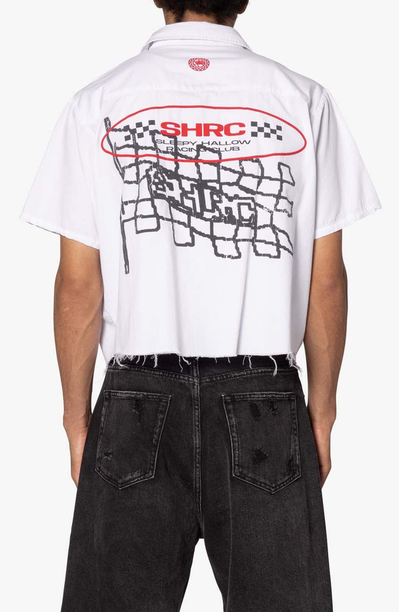 mnml SHRC Checkered Flad Short Sleeve Cotton Graphic Button-Up Shirt, Alternate, color, White