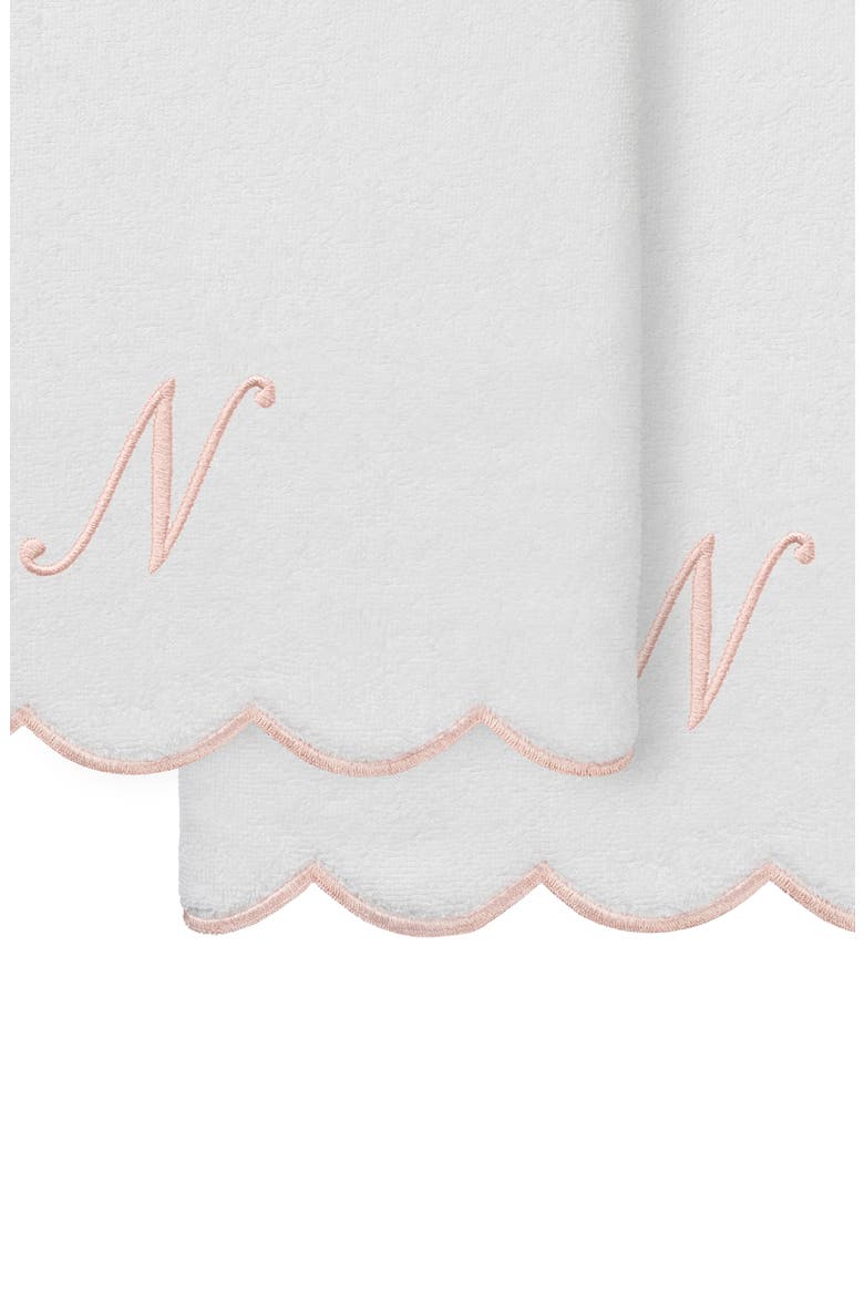 Adornia Scallop Set of 2 Initial Bath Towels, Alternate, color, WHITE/ PINK N