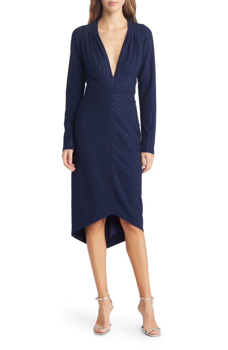 Tadashi Shoji Sequin Stud Plunge Neck Long Sleeve Midi Dress, Main, color, 