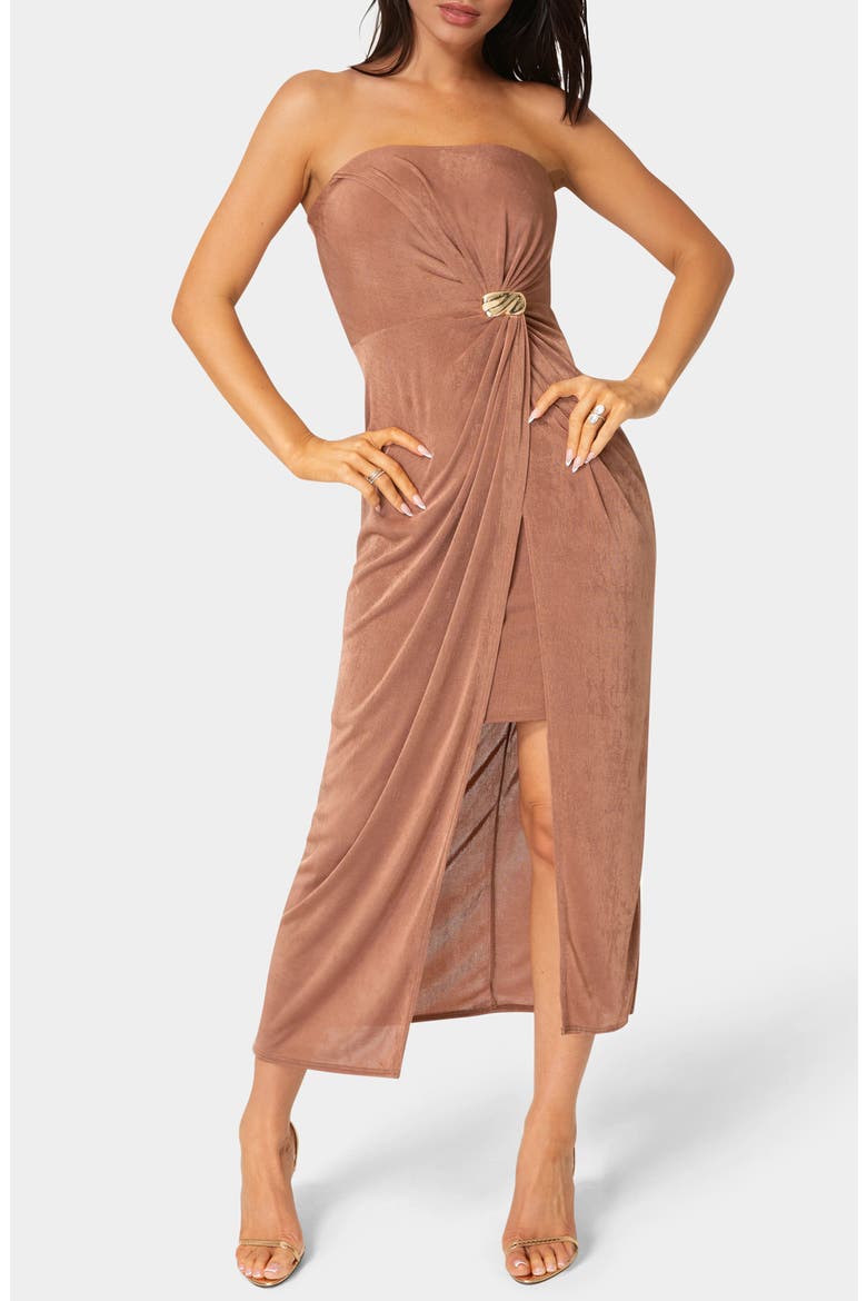 Strapless Twist Midi Dress, Main, color, MOCHA