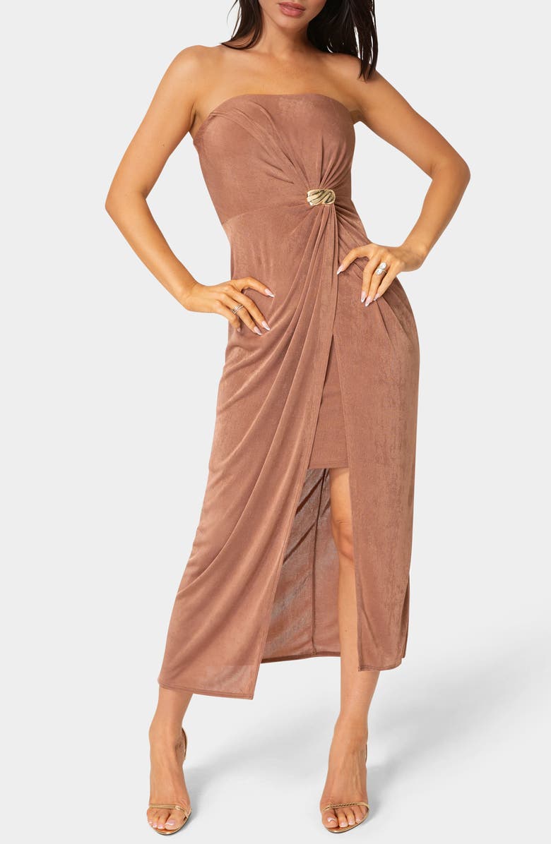 bebe Strapless Twist Midi Dress, Main, color, Mocha