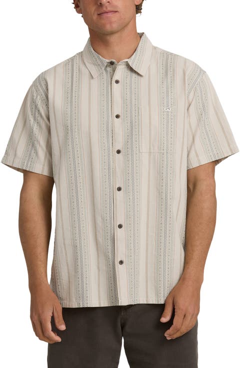 Sundays Stripe Jacquard Short Sleeve Cotton Button-Up Shirt