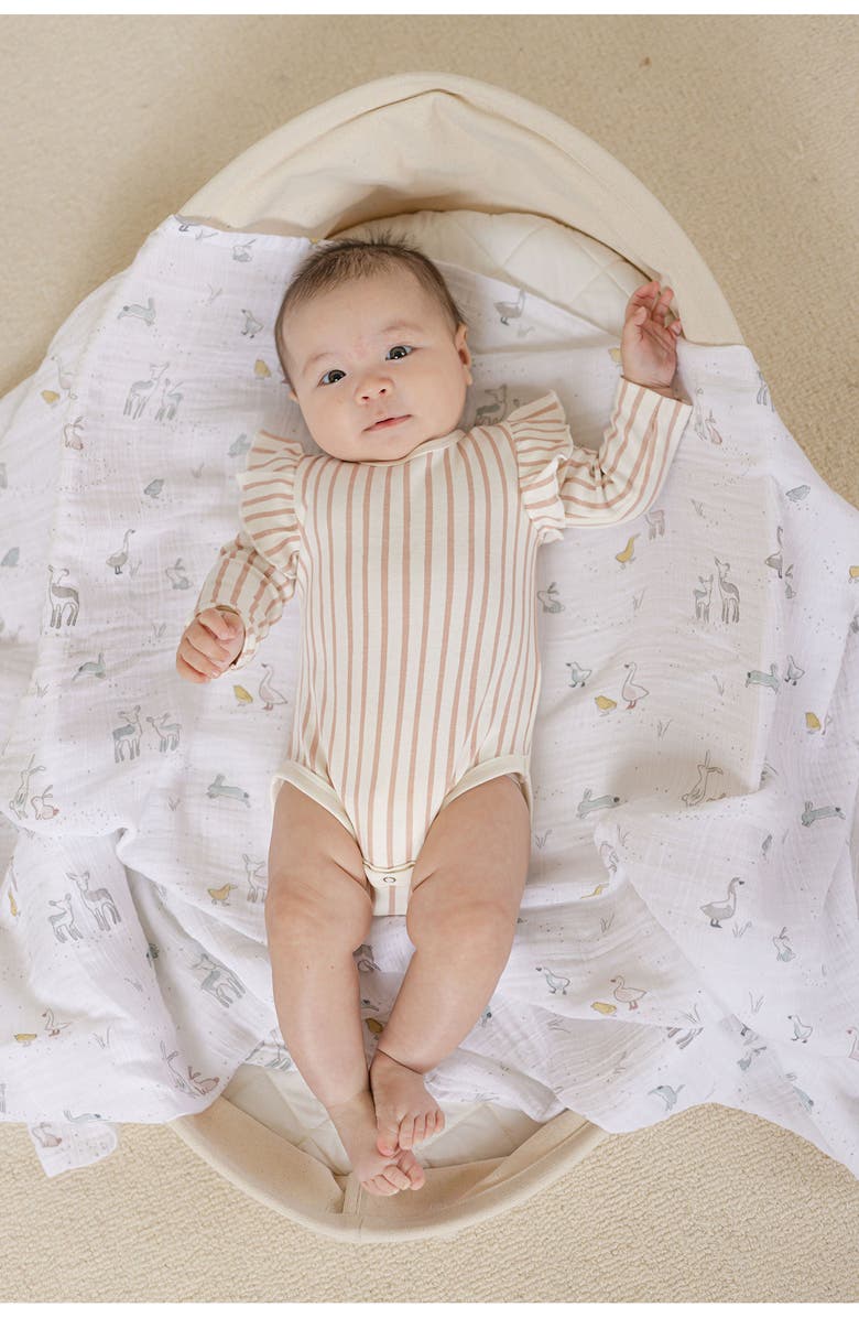 Pehr Stripes Away Ruffle Long Sleeve Organic Cotton Bodysuit, Alternate, color, 