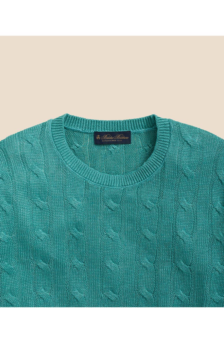 Brooks Brothers Cable Stitch Linen Crewneck Sweater, Alternate, color, Teal