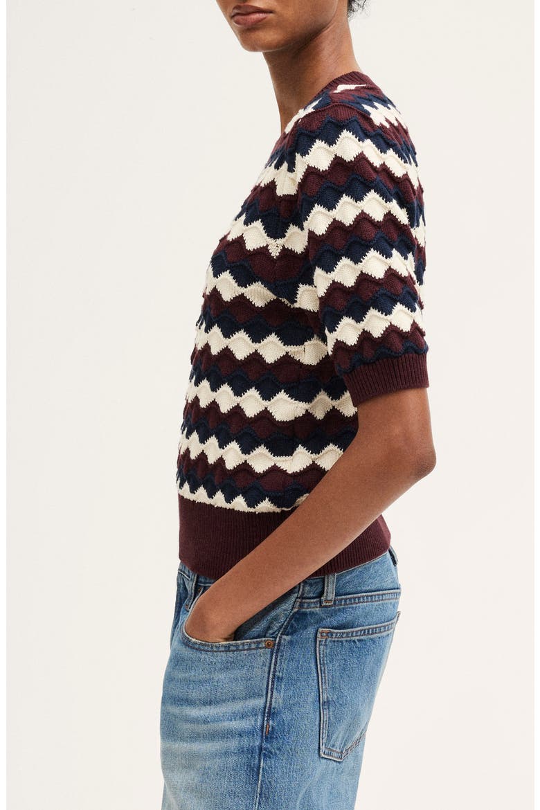 Puff Sleeve Crewneck Sweater, Alternate, color, SMOKED CLARET SCALLOP STRIPE