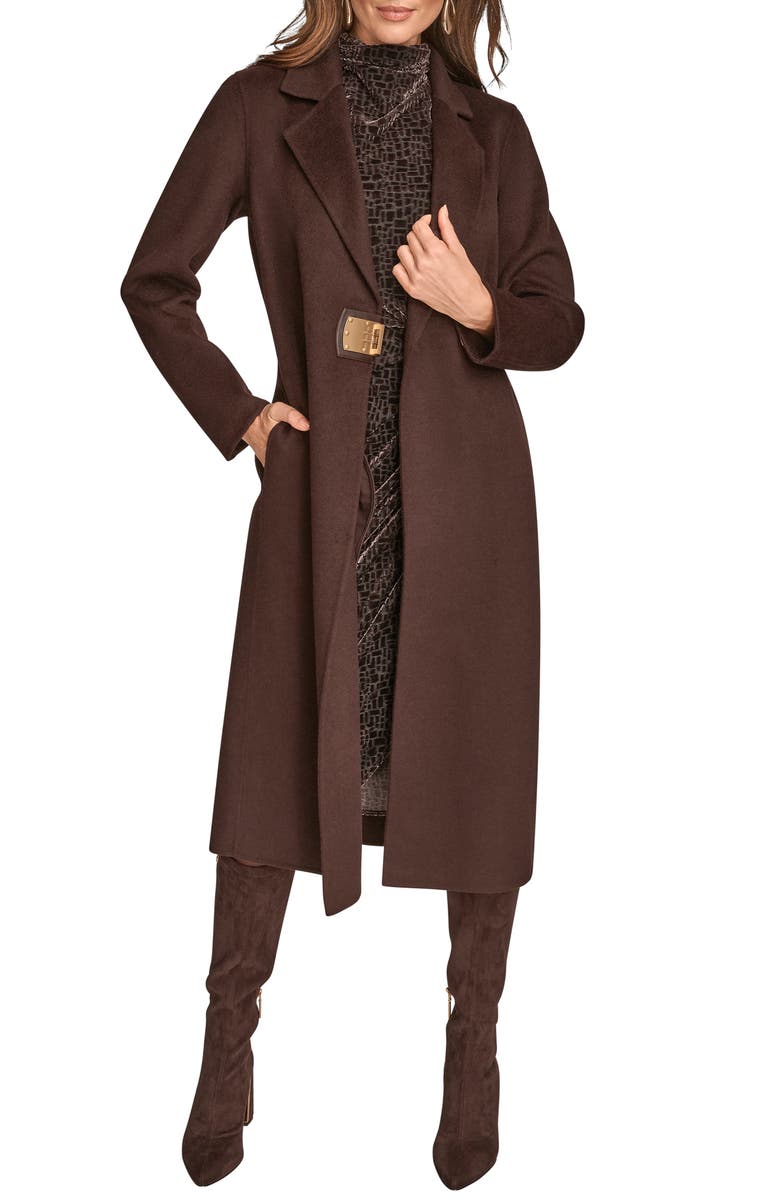 Donna Karan New York Wool Blend Buckle Coat, Main, color, Chocolate
