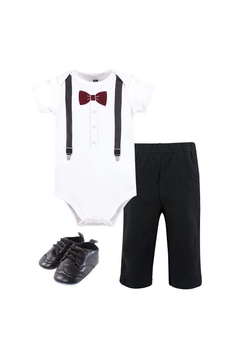 Cotton Bodysuit, Pant and Shoe Set, Main, color, Burgundy Black Bow Tie