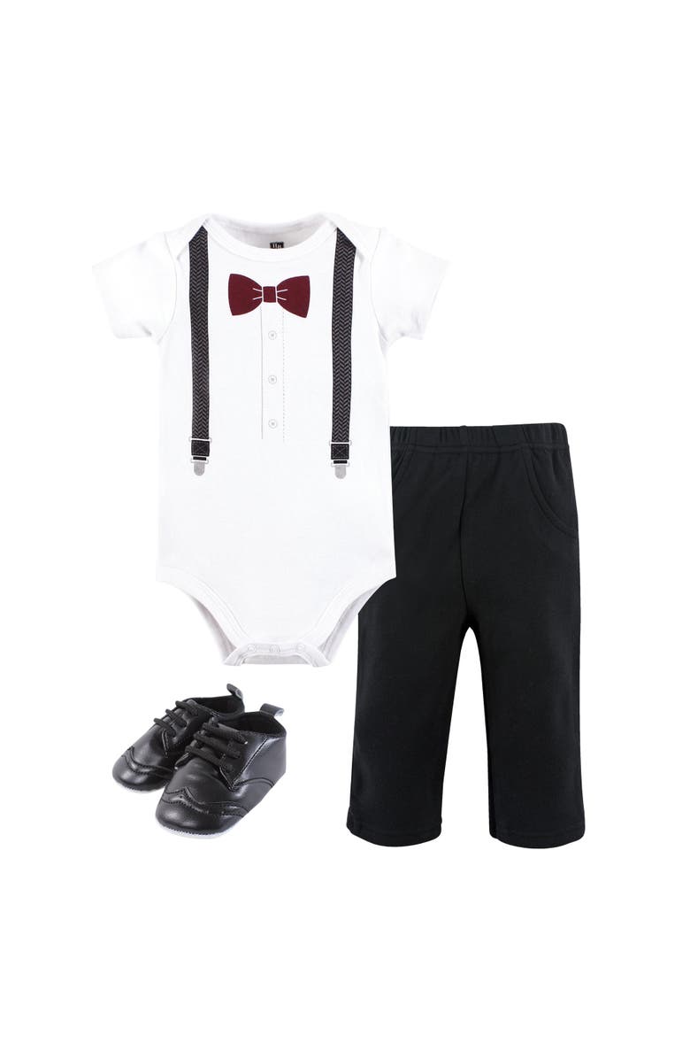 Hudson Baby Cotton Bodysuit, Pant and Shoe Set, Main, color, Burgundy Black Bow Tie