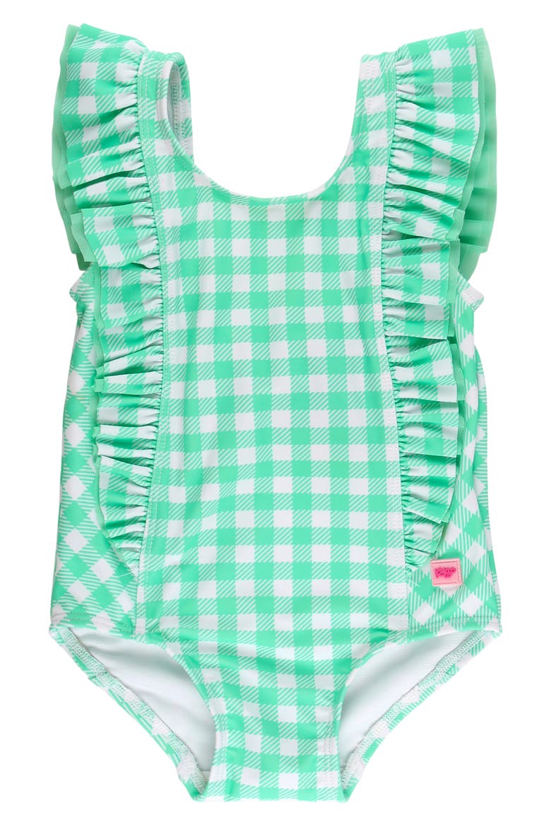 Kids' Periwinkle Blue Gingham One-Piece Swimsuit, Main, color, GREEN