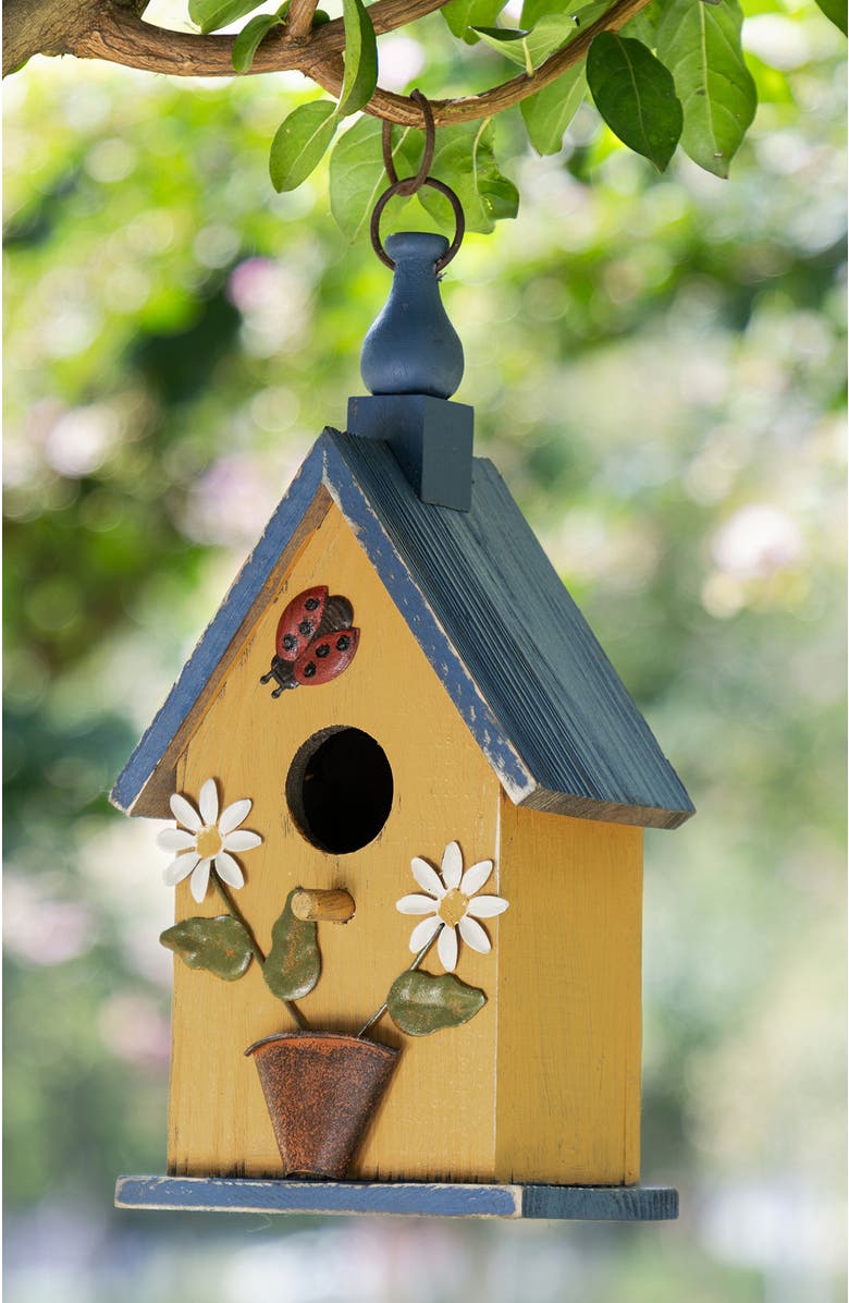 Glitzhome 12.25"H Distressed Solid Wood Cottage Garden Birdhouse with Bees and Flowers, Alternate, color, Yellow