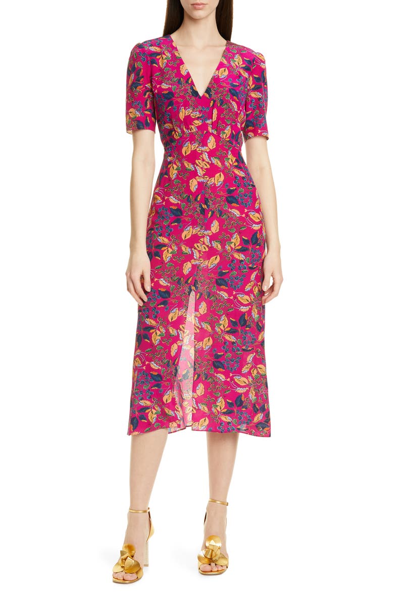 Eden Floral Print Silk Midi Dress, Main, color, RANI BERRY LEAF