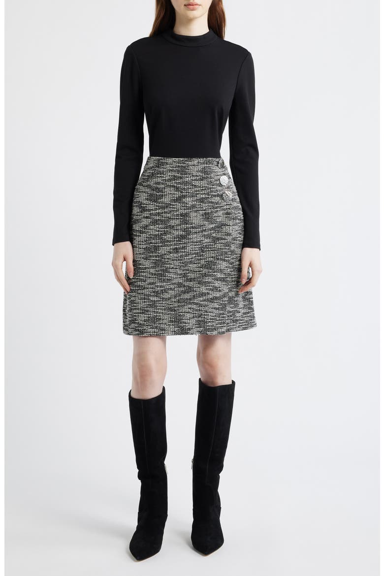 Twofer Mock Neck Long Sleeve A-Line Dress, Main, color, BLACK IVORY
