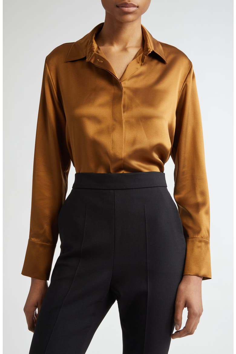 Mazurca Silk Satin Button-Up Shirt, Main, color, TOBACCO