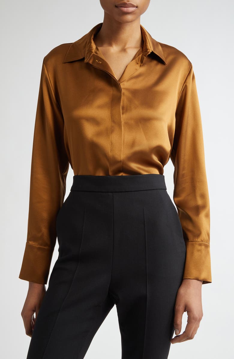 Max Mara Mazurca Silk Satin Button-Up Shirt, Main, color, 