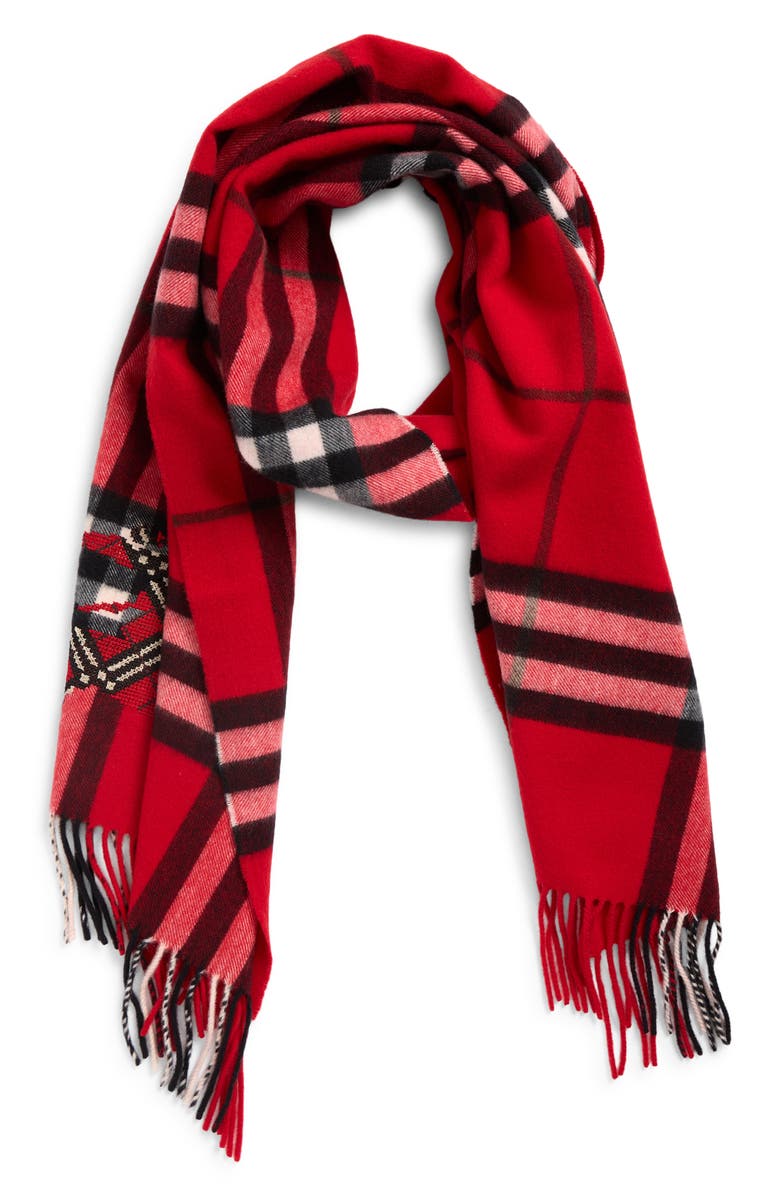 Burberry Wide Cross Stitch EKD Check Cashmere Scarf, Alternate, color, Post Red