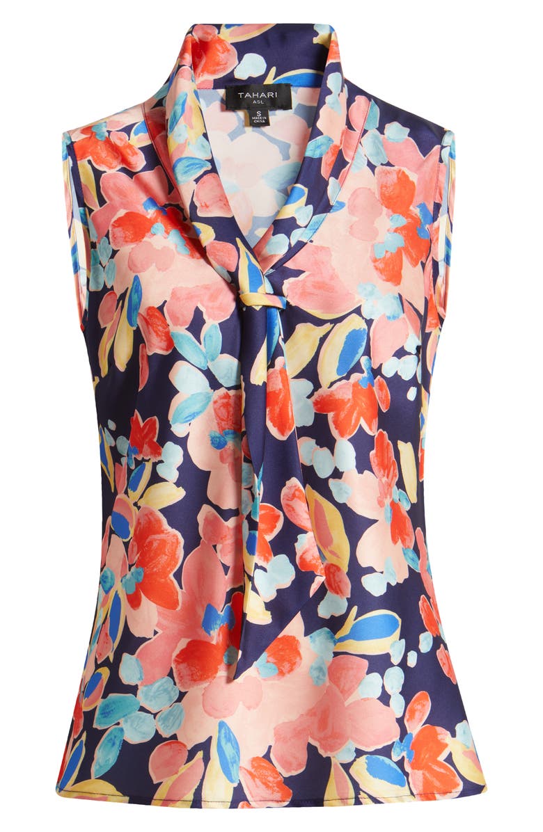 Tahari ASL Floral Sailor Tie Neck Sleeveless Top, Main, color, Navy Coral Floral