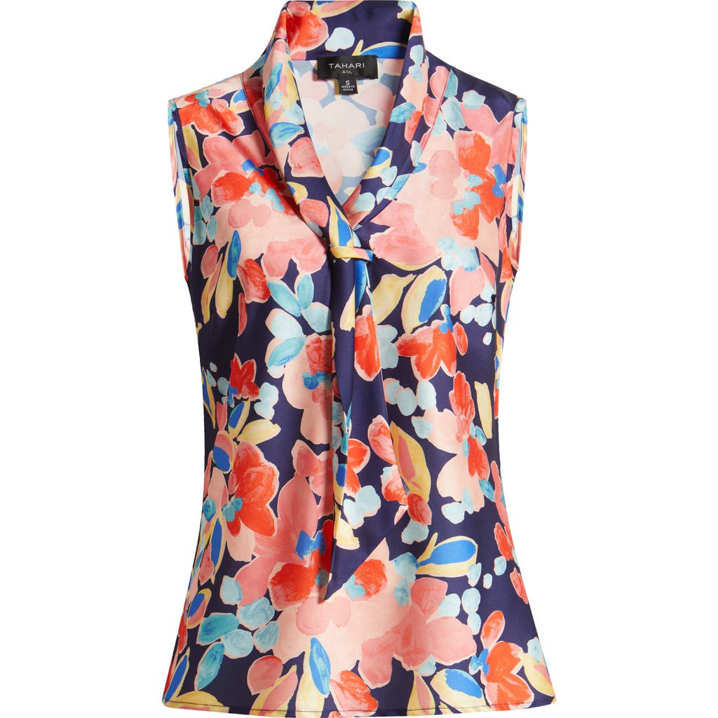 Tahari Asl Floral Sailor Tie Neck Sleeveless Top In Navy Coral Floral