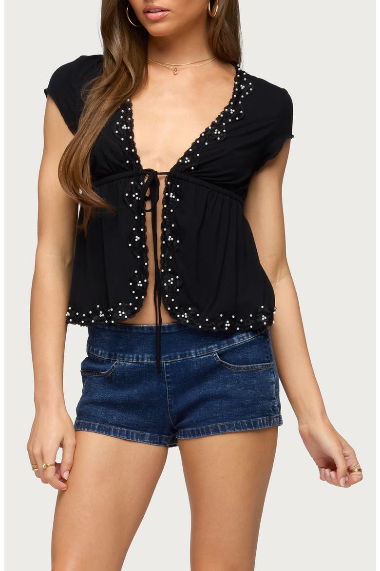 Sepede Lacey Faux Pearl Tie Front Top, Main, color, BLACK