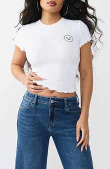 True Religion Rose Lettuce Edge Ribbed Crop T-Shirt