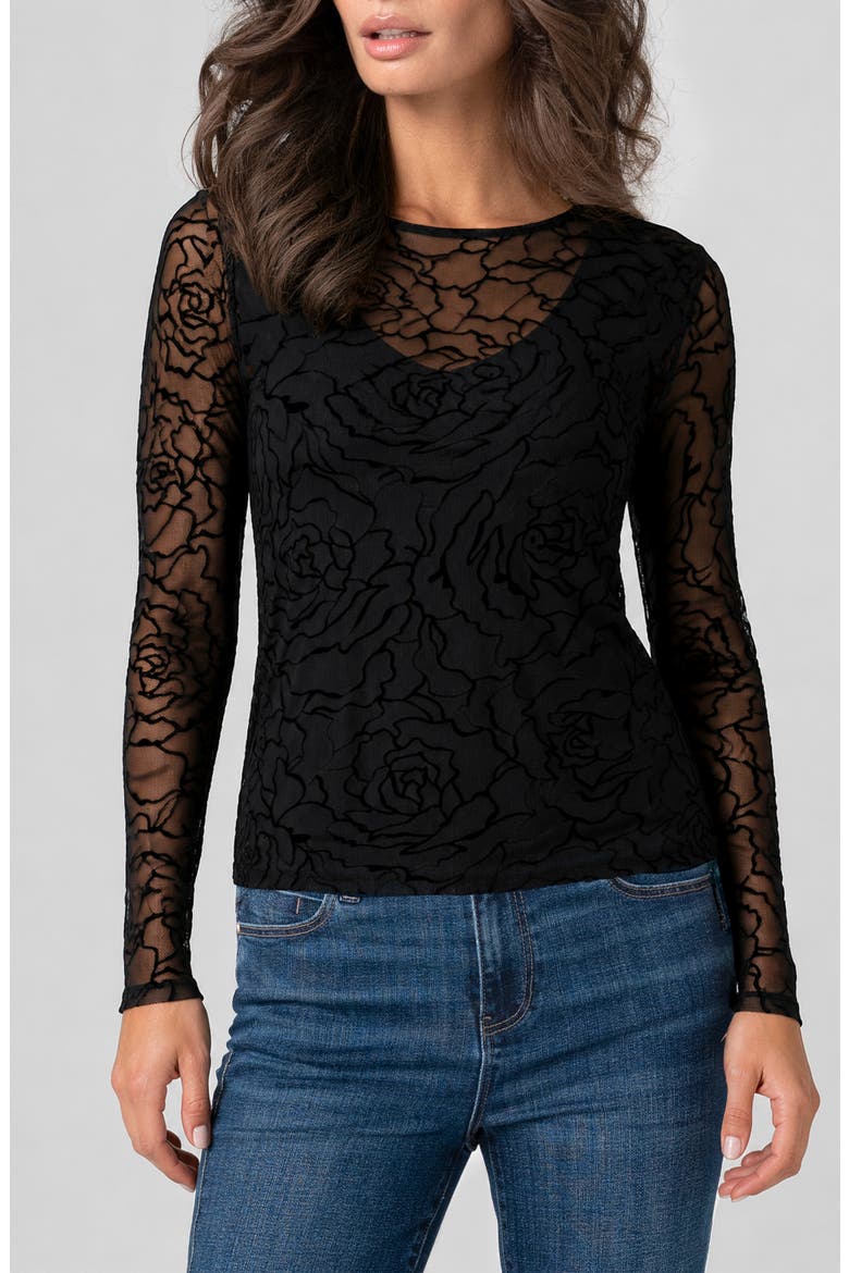 Flocked Rose Mesh Layered Top, Main, color, BLACK ROSES