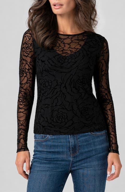 Flocked Rose Mesh Layered Top