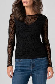 Liverpool Los Angeles Flocked Rose Mesh Layered Top