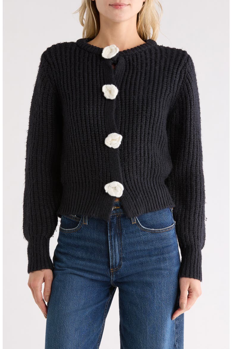 Flower Appliqué Cardigan, Main, color, BLACK