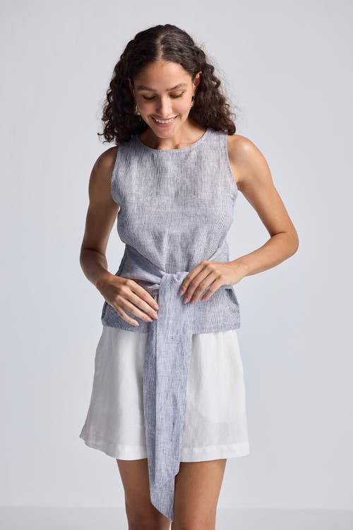 Reistor Front-tie Top In Pin Striped Linen