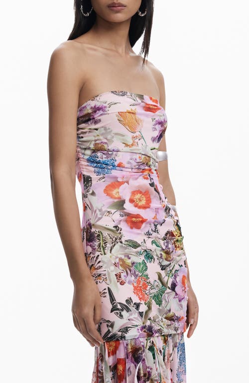Desigual Ruched Ruffle Hem Asymmetric Maxi Dress In Multi