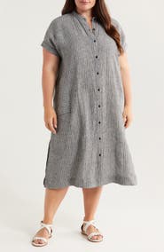 Eileen Fisher Pinstripe Short Sleeve Organic Linen Shift Dress