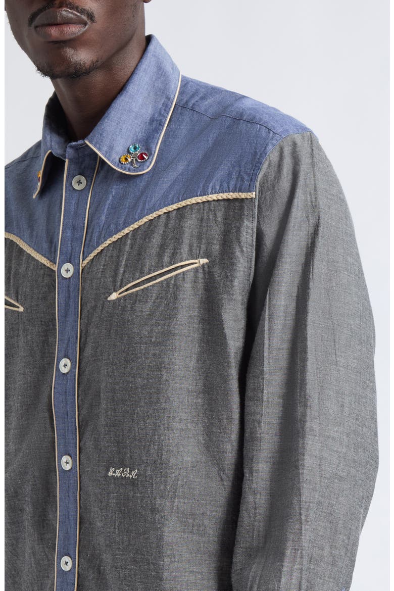 Embellished Two-Tone Chambray Western Button-Up Shirt, Alternate, color, BLUE BLACK