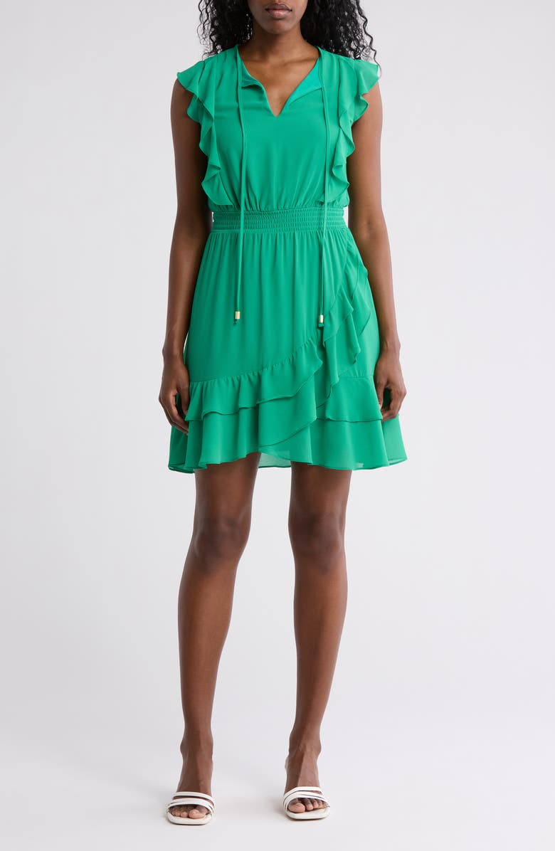 Vince Camuto Ruffle Smocked Waist Chiffon Fit & Flare Dress, Main, color, Kelly Green