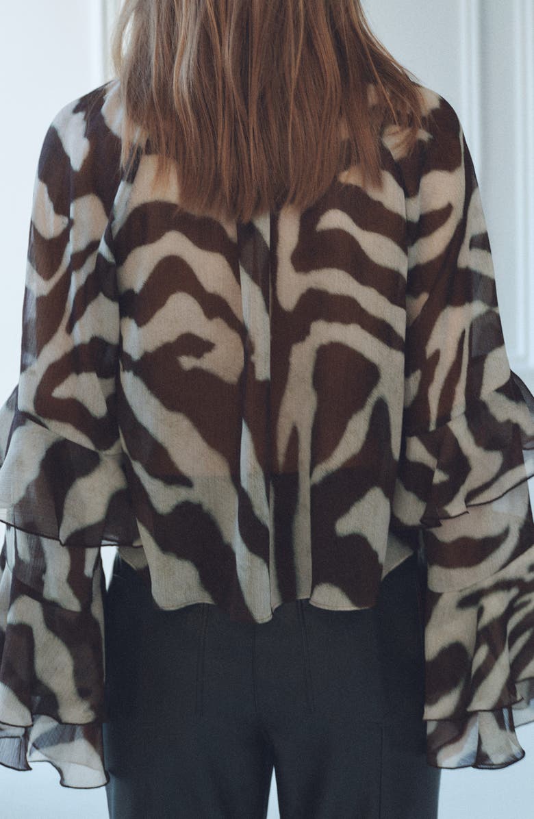 MANGO Sonja Stripe Ruffle Chiffon Top, Alternate, color, Brown