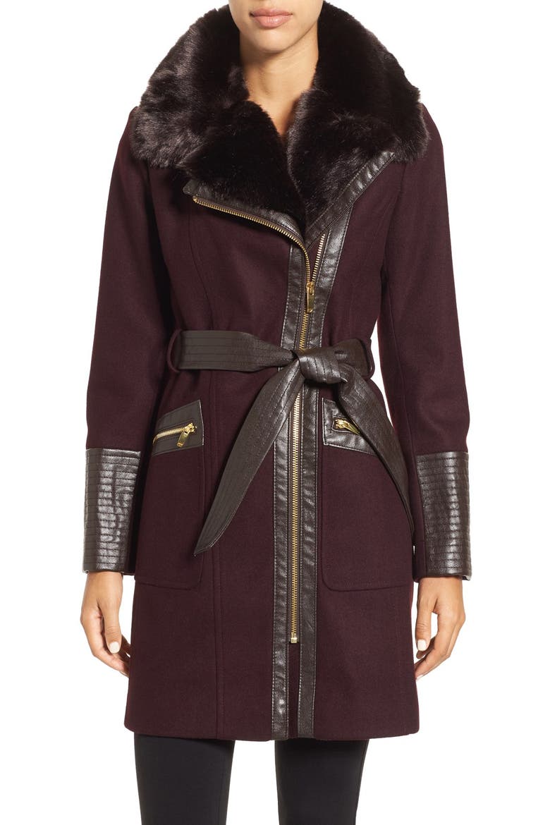 Faux Leather & Faux Fur Trim Belted Wool Blend Coat, Main, color, OLD WINE