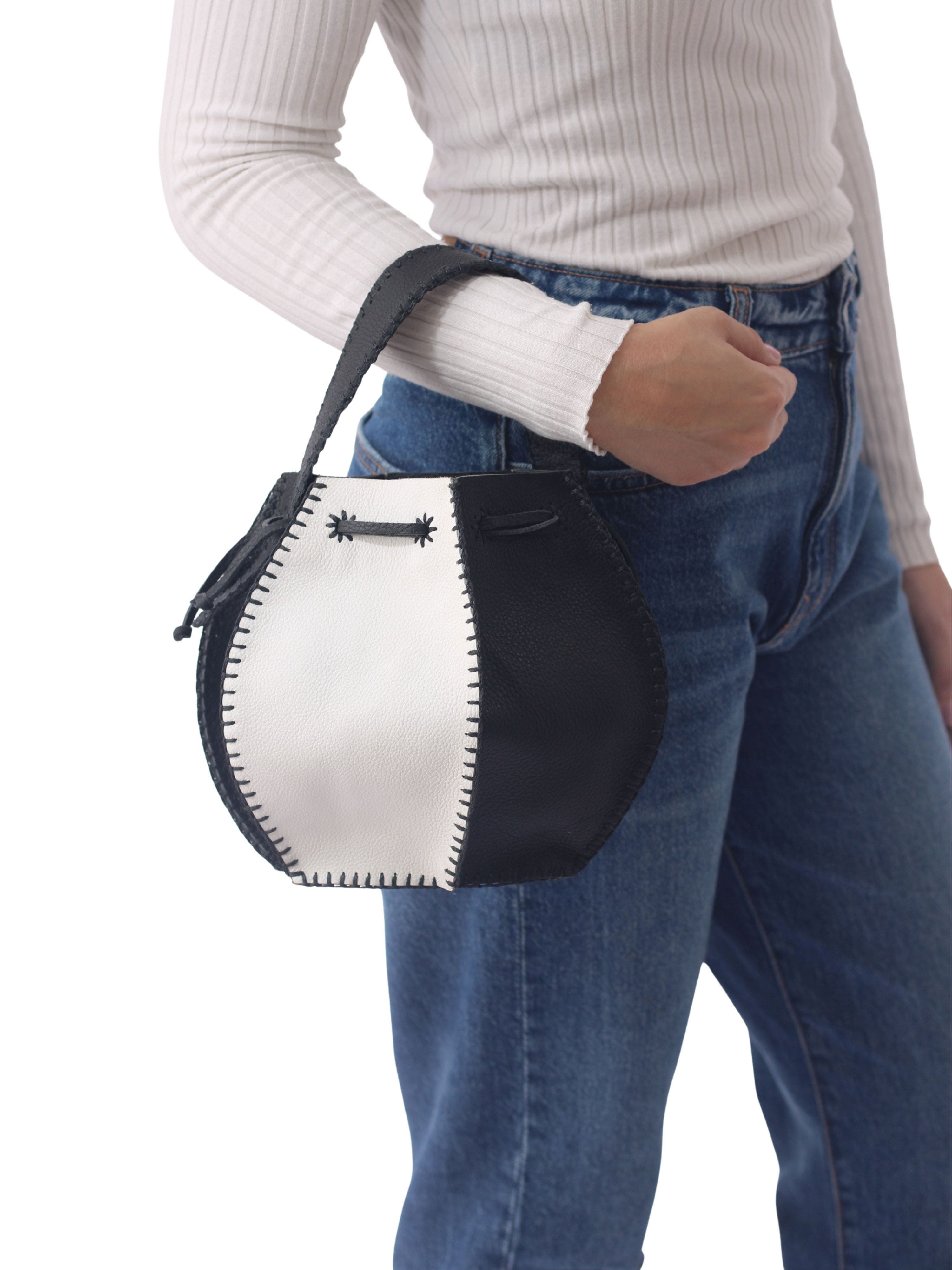 Carlos Falchi Tall Bucket Top Grain Leather Bag, Alternate, color, Black And White