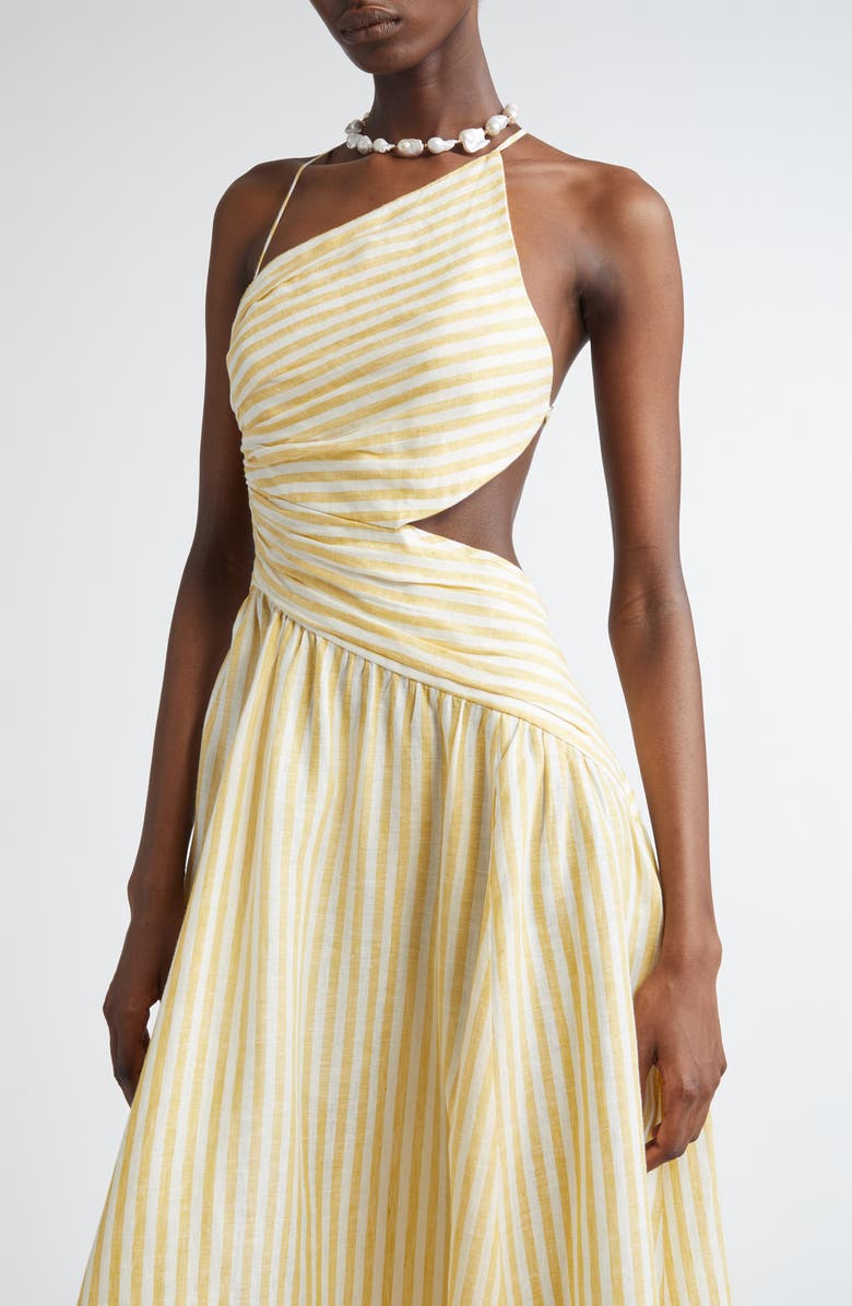 Zimmermann Cascadian Stripe Cutout Asymmetric Linen Dress, Alternate, color, Yellow Stripe