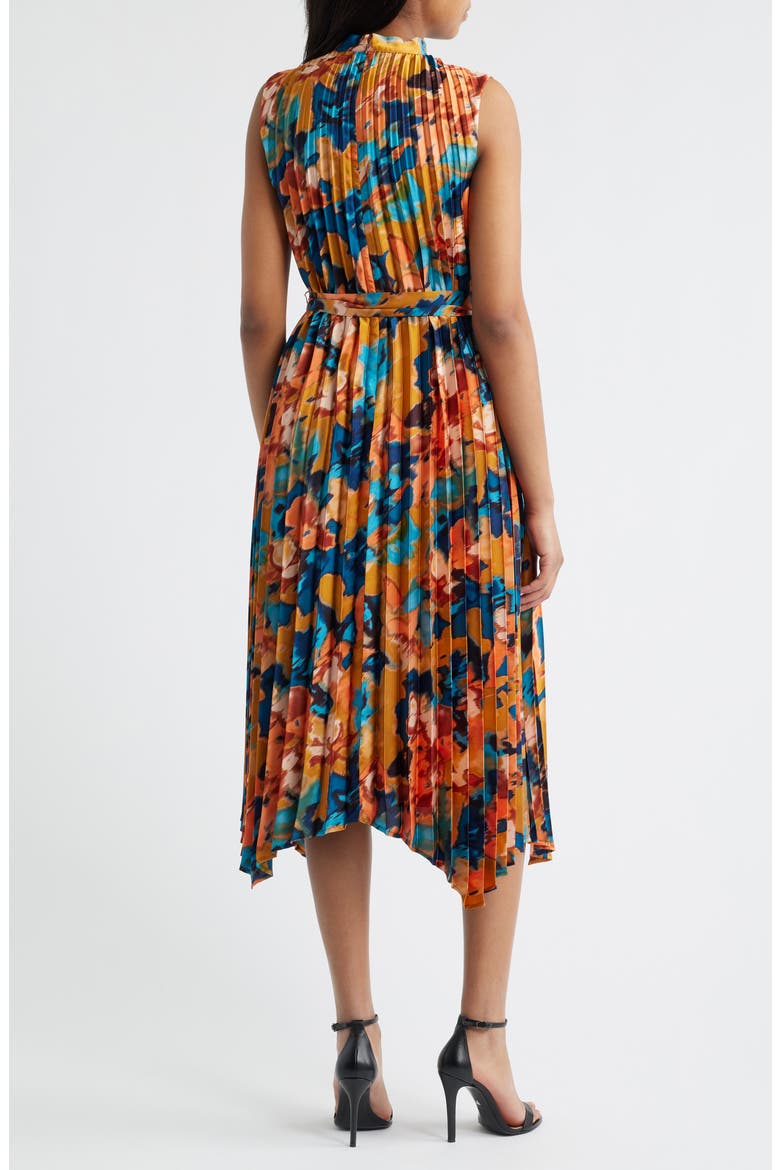 Abstract Print Pleated Belted Dress, Alternate, color, RUST/ TEAL