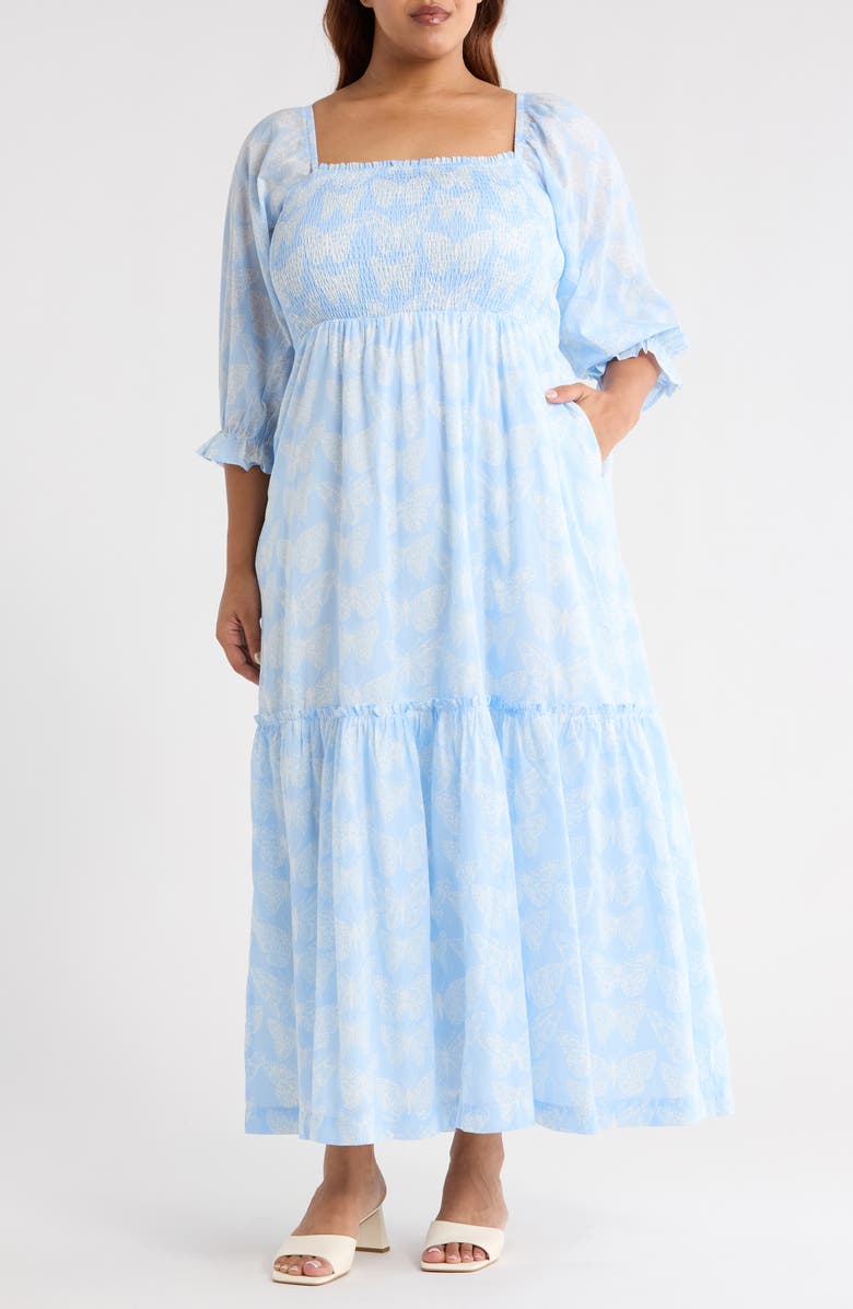 SUGARLIPS Aubry Butterfly Smocked Maxi Dress, Main, color, Blue/ White