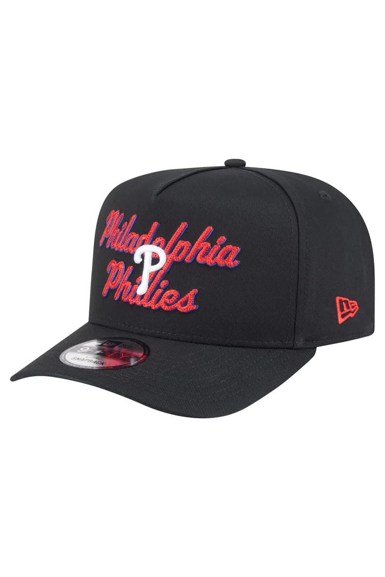 Men's New Era Black Philadelphia Phillies Chainstitch 9FIFTY A-Frame Snapback Hat, Main, color, Black
