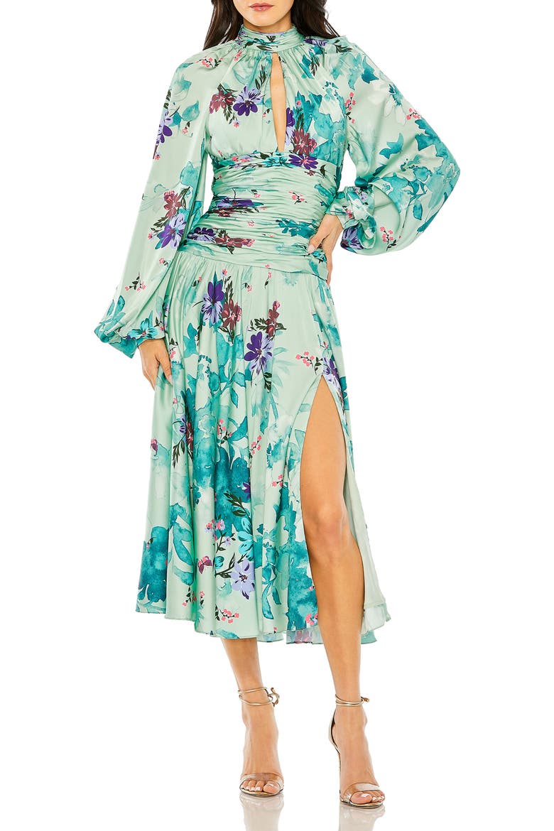 Floral Print Satin Long Sleeve Keyhole Gown, Main, color, Sage Multi